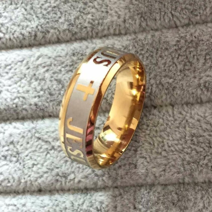 1pc High Quality Large Size 8mm 316 Titanium Steel 18K Silver Plated Gold Plated Jesus Cross Letter Bible Wedding Ring