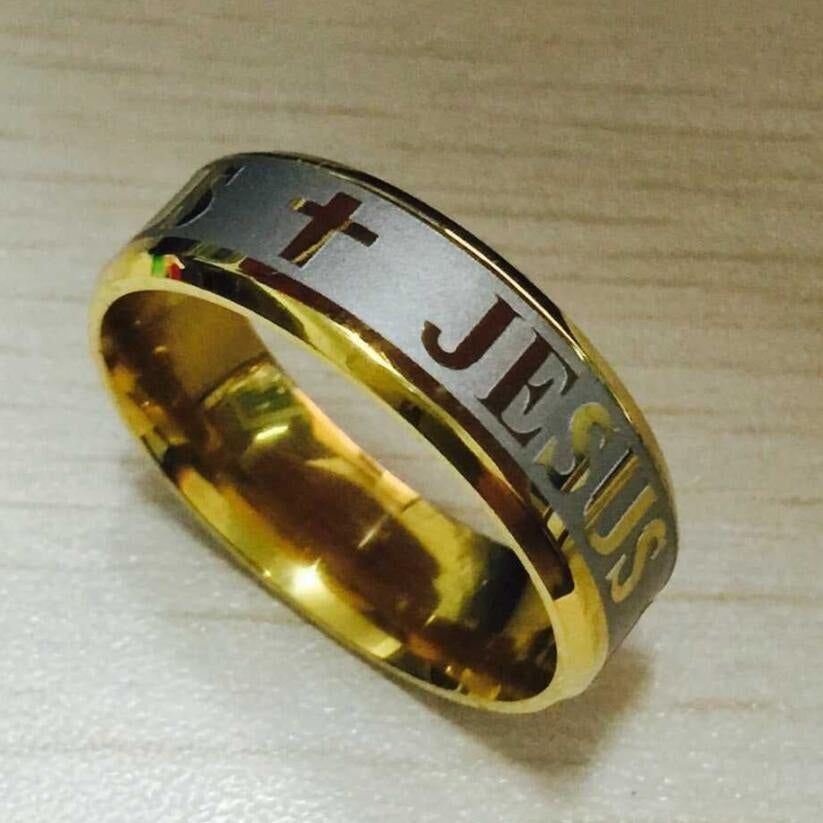 1pc High Quality Large Size 8mm 316 Titanium Steel 18K Silver Plated Gold Plated Jesus Cross Letter Bible Wedding Ring