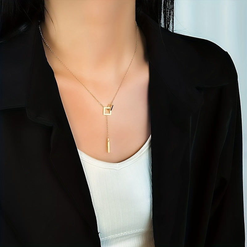 Simple Style Square Shape Buckle Long Pendant Clavicle Chain Necklace, 18K Gold Plated Golden Color Neck Jewelry For Women