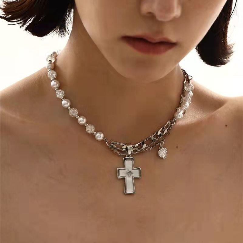 Titanium Steel Cross Love Pendant With Faux Pearl Chain Necklace Christmas Gifts Sweater Chain For Women Girls (With Gift Box)