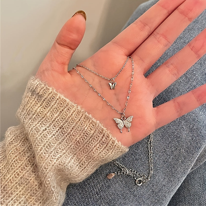 Shiny Butterfly Necklace Ladies Exquisite Double Layer Clavicle Chain Necklace Jewelry For Ladies Gift
