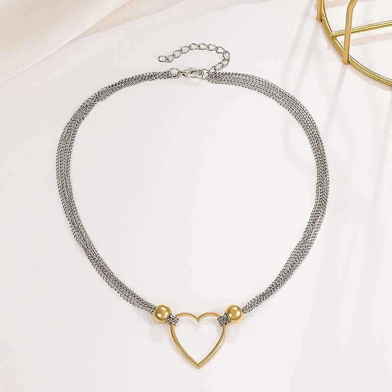 Add a Touch of Love with our Stackable Chain Necklace - Hollow Heart Shape Pendant, Adjustable Choker for Women & Girls (1 Pc)