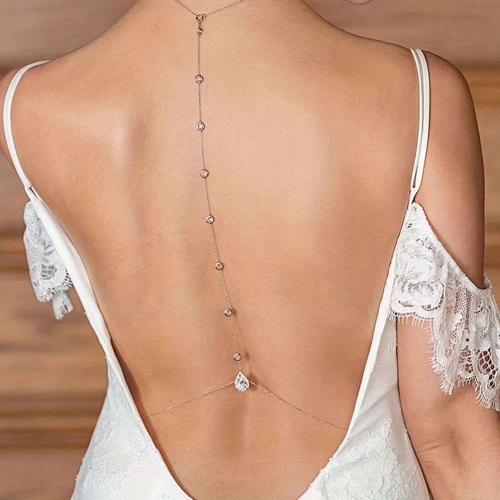 Long Rhinestone Back Necklace Body Chains For Women Wedding Cubic Zirconia Backdrop Necklace Festival Dress Body Jewelry