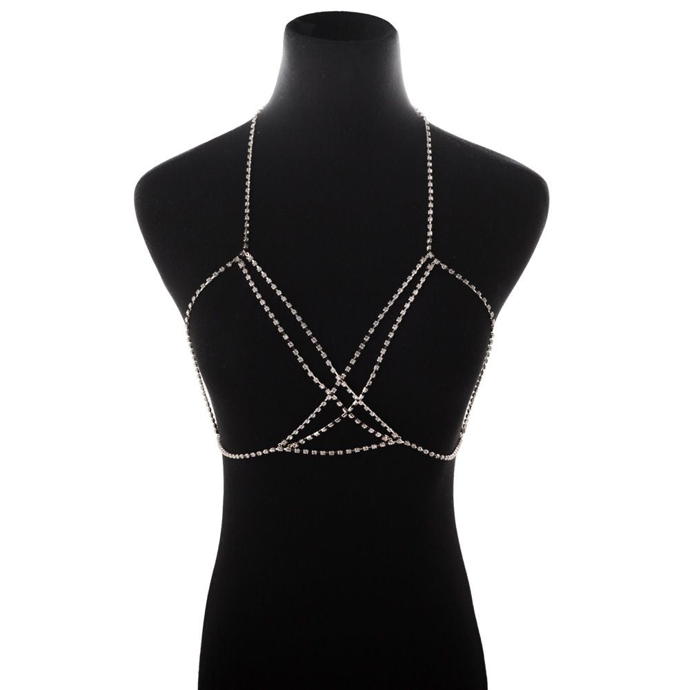 Sexy Body Chain Necklace Bohemian Beach Choker Necklace Multilayer Rhinestone Layered Cross Bikini Bra Body Chain Necklace For Women