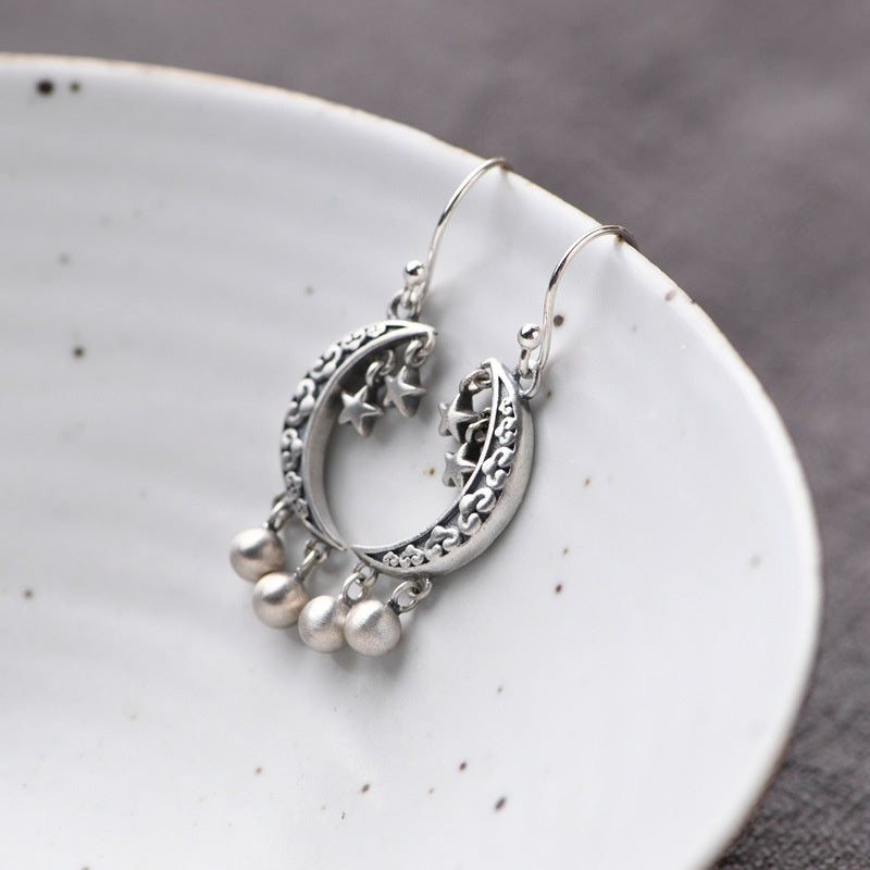 S925 Silver Retro Fashion Artistic Temperament Silver Bead Fringe Earrings Star Crescent Pendant