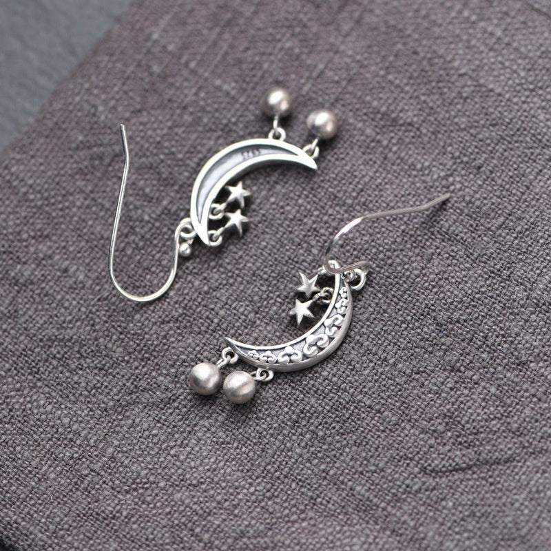 S925 Silver Retro Fashion Artistic Temperament Silver Bead Fringe Earrings Star Crescent Pendant