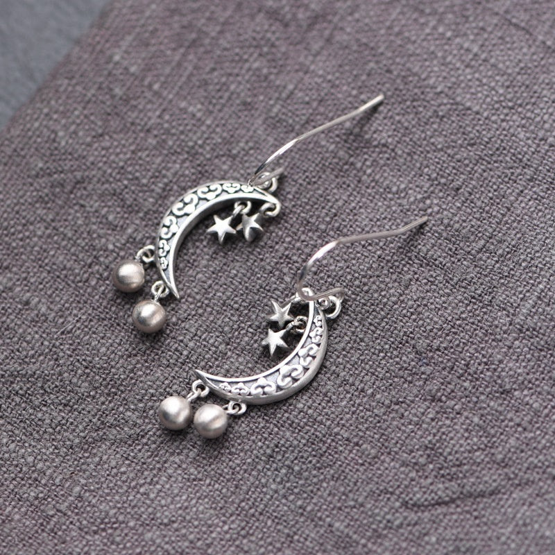 S925 Silver Retro Fashion Artistic Temperament Silver Bead Fringe Earrings Star Crescent Pendant