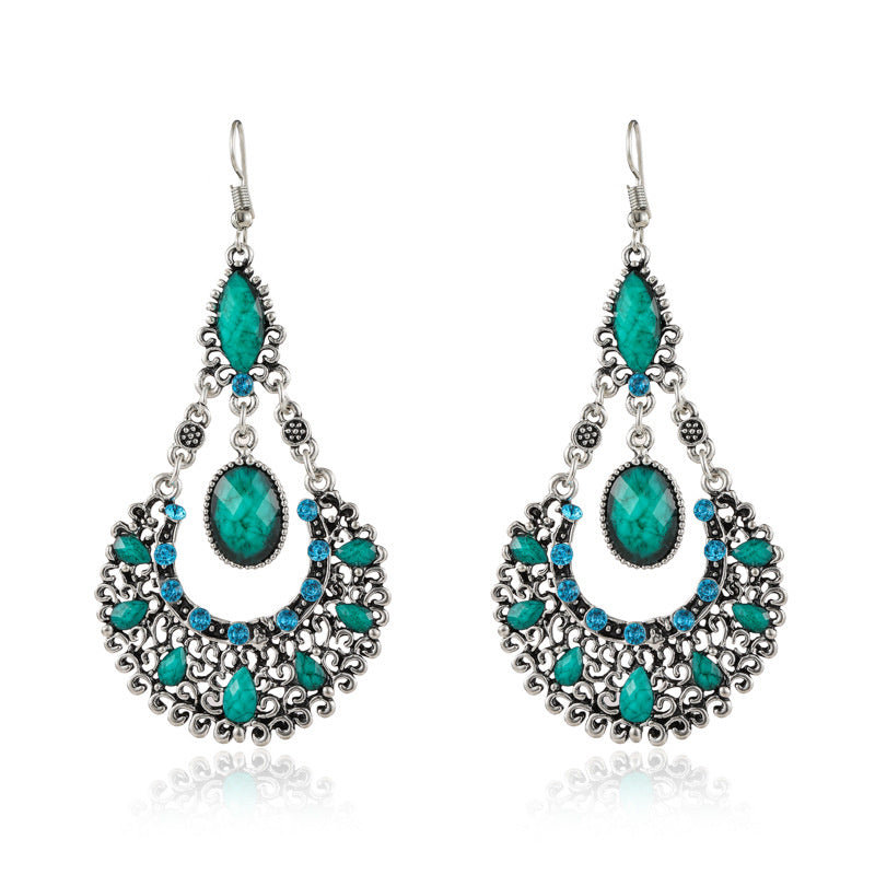 Water Droplets, Black Large Fan-shaped Rhinestone Earrings