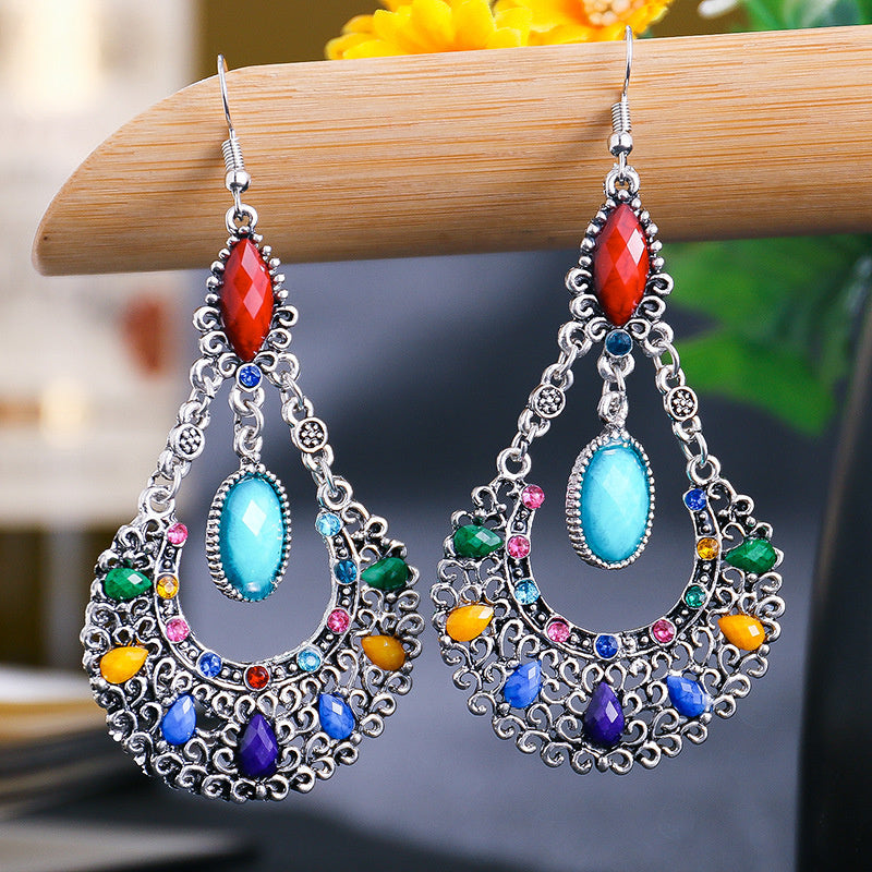Water Droplets, Black Large Fan-shaped Rhinestone Earrings