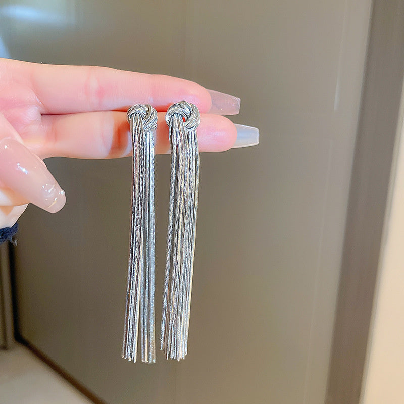 Silver Post Knotted Long Chain Tassel Earrings