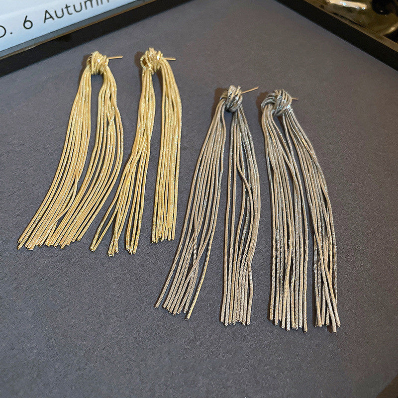 Silver Post Knotted Long Chain Tassel Earrings