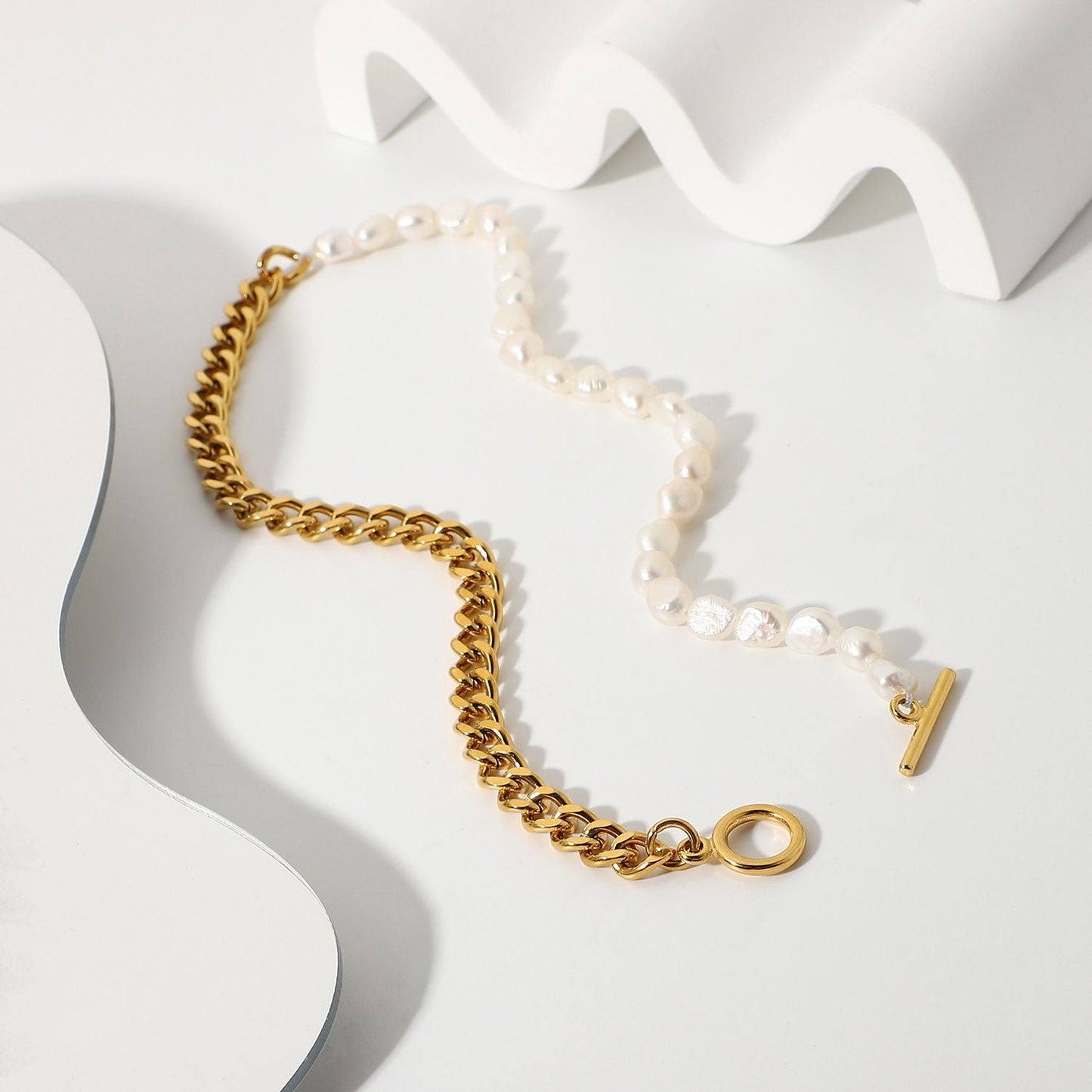 Classical Style Ot Buckle Cuban Chain Freshwater Pearl Necklace Stainless Steel Half Chain Half Pearl Stitching Connected Necklace Female