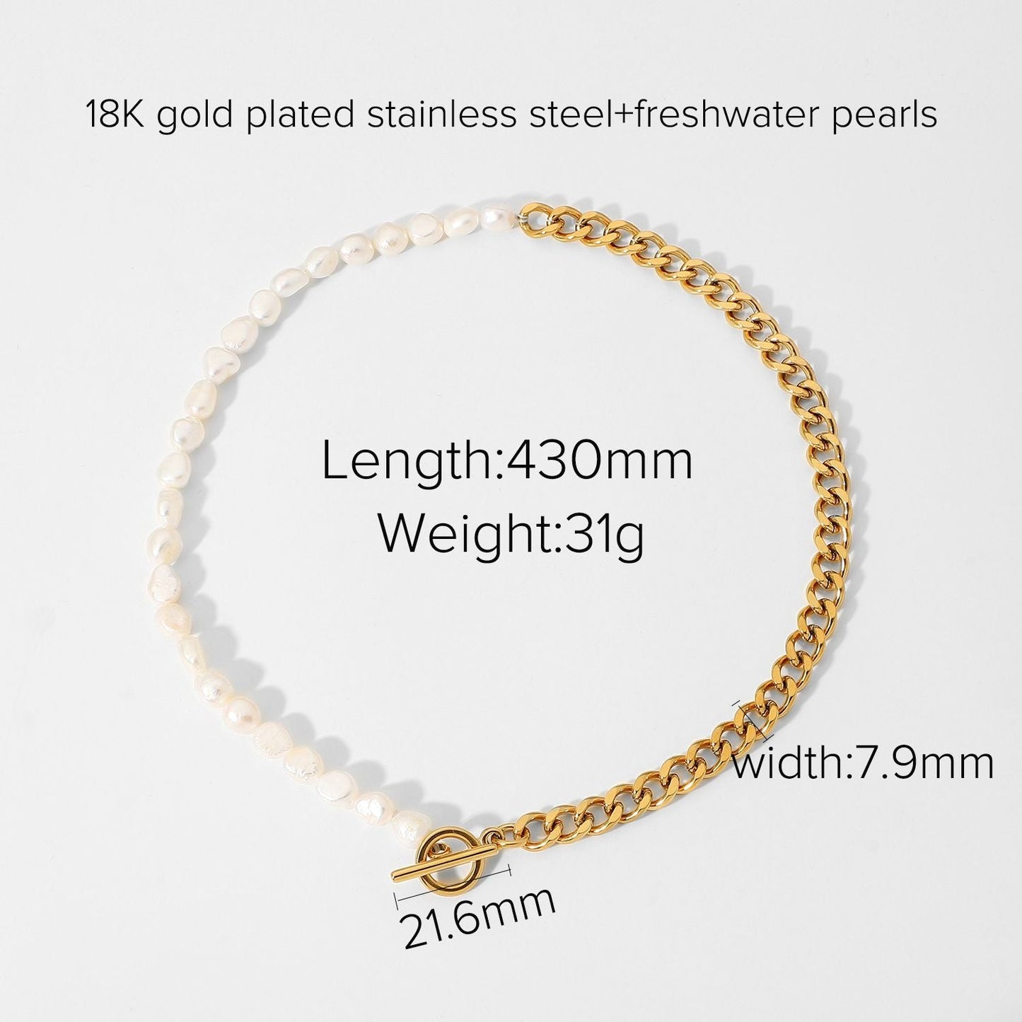 Classical Style Ot Buckle Cuban Chain Freshwater Pearl Necklace Stainless Steel Half Chain Half Pearl Stitching Connected Necklace Female