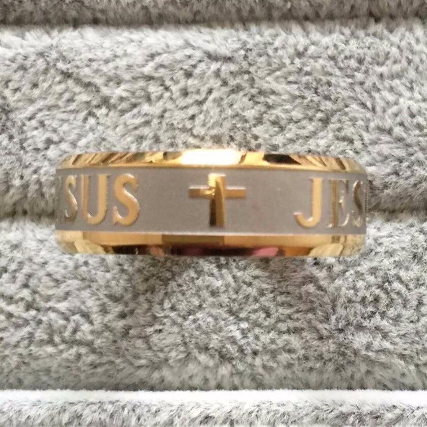 1pc High Quality Large Size 8mm 316 Titanium Steel 18K Silver Plated Gold Plated Jesus Cross Letter Bible Wedding Ring