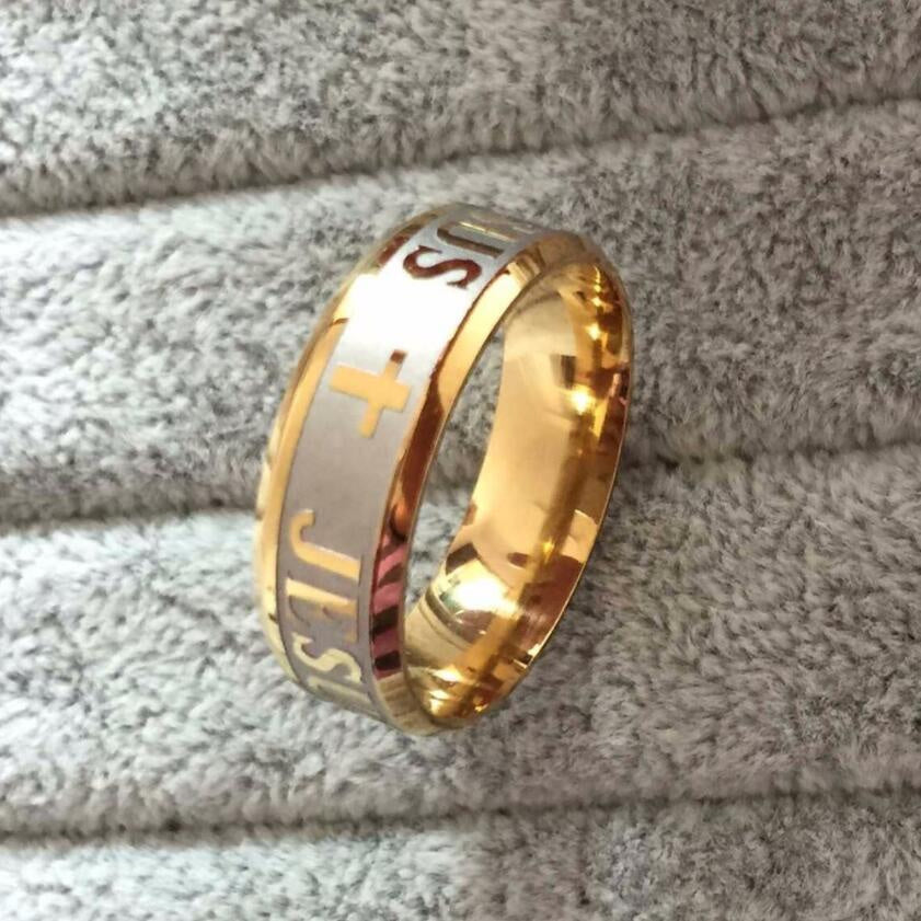 1pc High Quality Large Size 8mm 316 Titanium Steel 18K Silver Plated Gold Plated Jesus Cross Letter Bible Wedding Ring