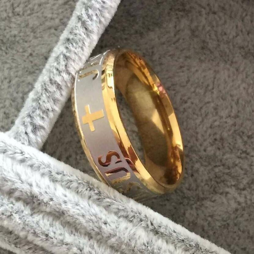 1pc High Quality Large Size 8mm 316 Titanium Steel 18K Silver Plated Gold Plated Jesus Cross Letter Bible Wedding Ring