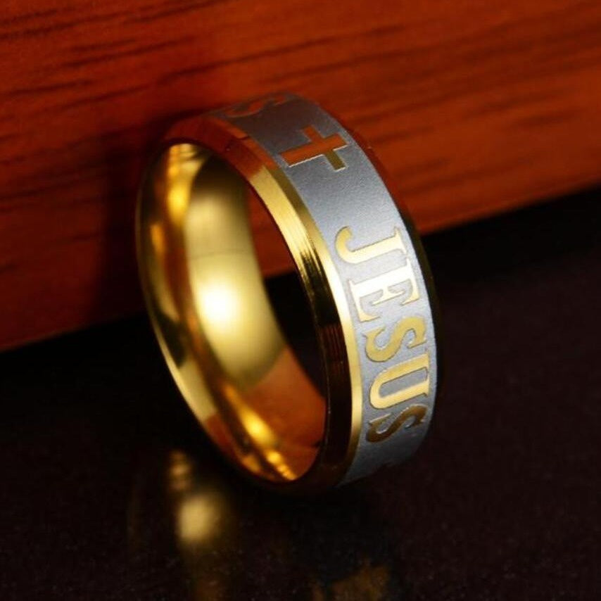 1pc High Quality Large Size 8mm 316 Titanium Steel 18K Silver Plated Gold Plated Jesus Cross Letter Bible Wedding Ring
