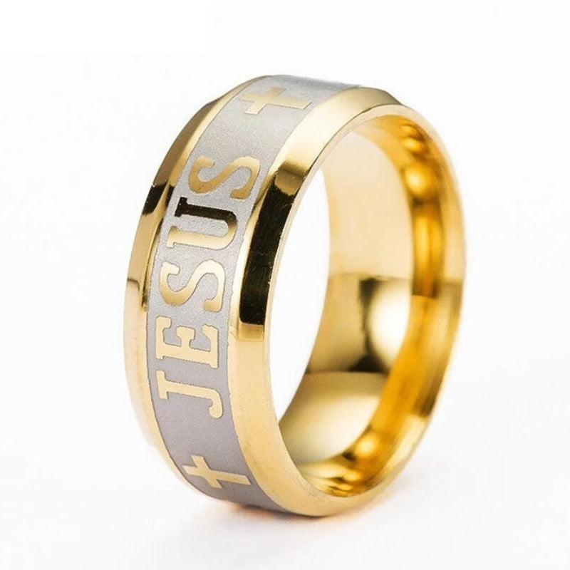 1pc High Quality Large Size 8mm 316 Titanium Steel 18K Silver Plated Gold Plated Jesus Cross Letter Bible Wedding Ring