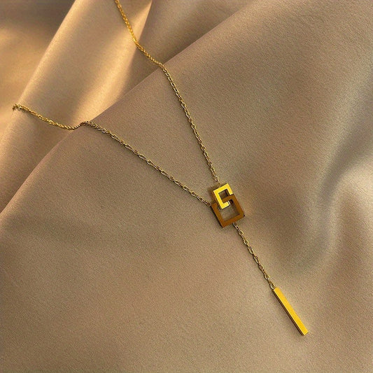 Simple Style Square Shape Buckle Long Pendant Clavicle Chain Necklace, 18K Gold Plated Golden Color Neck Jewelry For Women