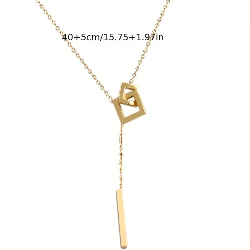 Simple Style Square Shape Buckle Long Pendant Clavicle Chain Necklace, 18K Gold Plated Golden Color Neck Jewelry For Women