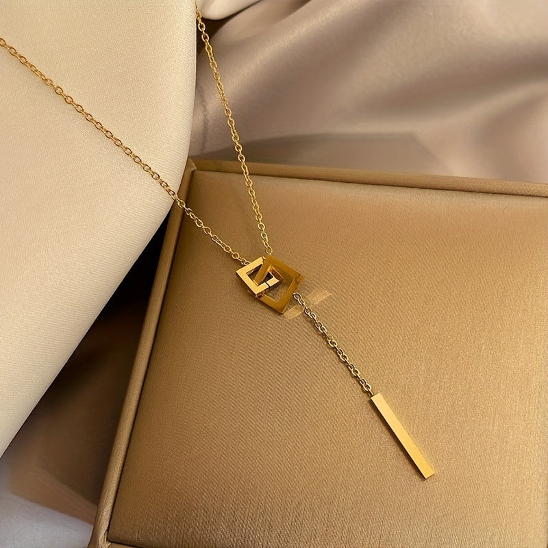 Simple Style Square Shape Buckle Long Pendant Clavicle Chain Necklace, 18K Gold Plated Golden Color Neck Jewelry For Women