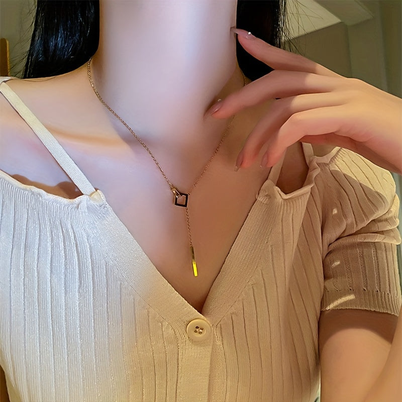 Simple Style Square Shape Buckle Long Pendant Clavicle Chain Necklace, 18K Gold Plated Golden Color Neck Jewelry For Women