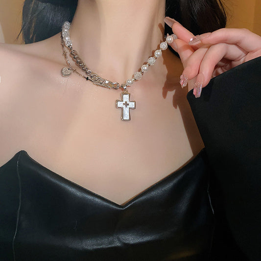 Titanium Steel Cross Love Pendant With Faux Pearl Chain Necklace Christmas Gifts Sweater Chain For Women Girls (With Gift Box)