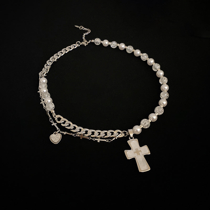 Titanium Steel Cross Love Pendant With Faux Pearl Chain Necklace Christmas Gifts Sweater Chain For Women Girls (With Gift Box)