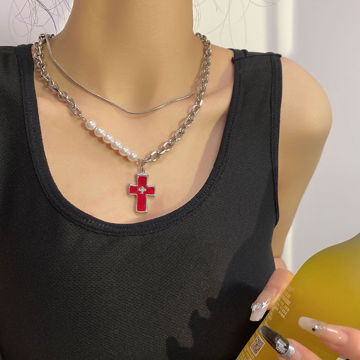 Titanium Steel Cross Love Pendant With Faux Pearl Chain Necklace Christmas Gifts Sweater Chain For Women Girls (With Gift Box)