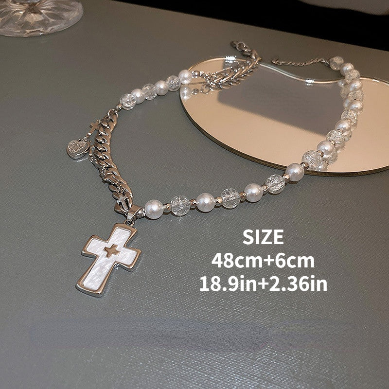 Titanium Steel Cross Love Pendant With Faux Pearl Chain Necklace Christmas Gifts Sweater Chain For Women Girls (With Gift Box)