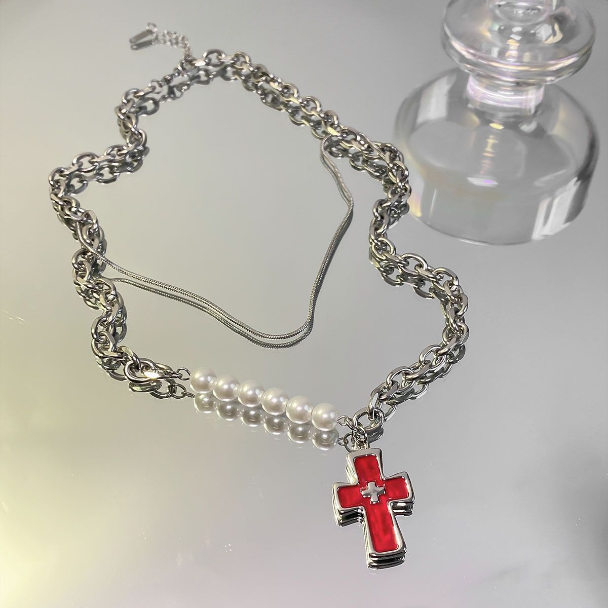 Titanium Steel Cross Love Pendant With Faux Pearl Chain Necklace Christmas Gifts Sweater Chain For Women Girls (With Gift Box)