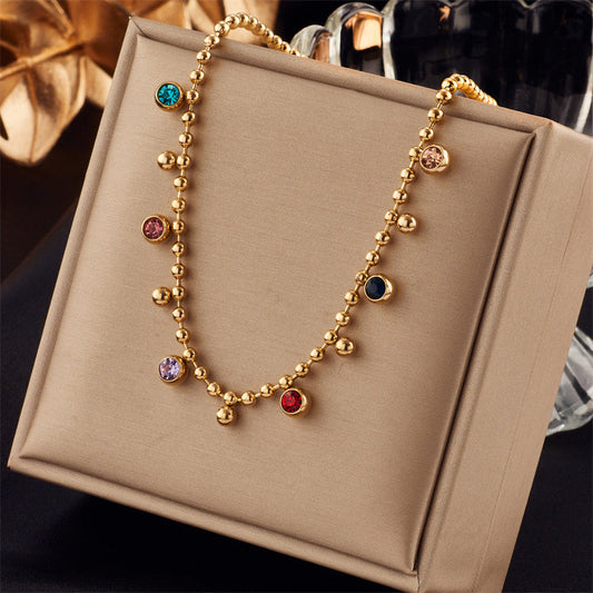 Simple Vintage Rhinestone Round Bead Pendant Gold Plated Titanium Steel Necklace Valentine's Day Girlfriend Gift