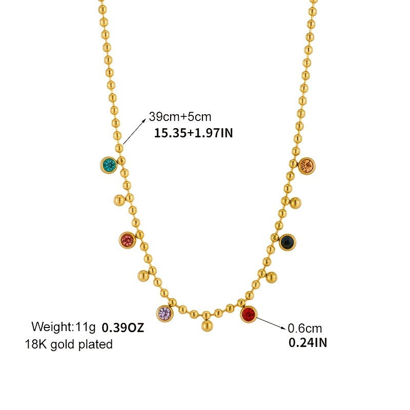 Simple Vintage Rhinestone Round Bead Pendant Gold Plated Titanium Steel Necklace Valentine's Day Girlfriend Gift