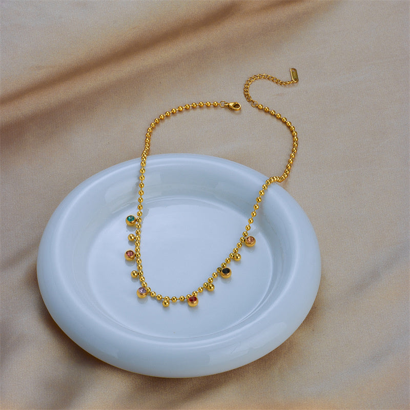 Simple Vintage Rhinestone Round Bead Pendant Gold Plated Titanium Steel Necklace Valentine's Day Girlfriend Gift