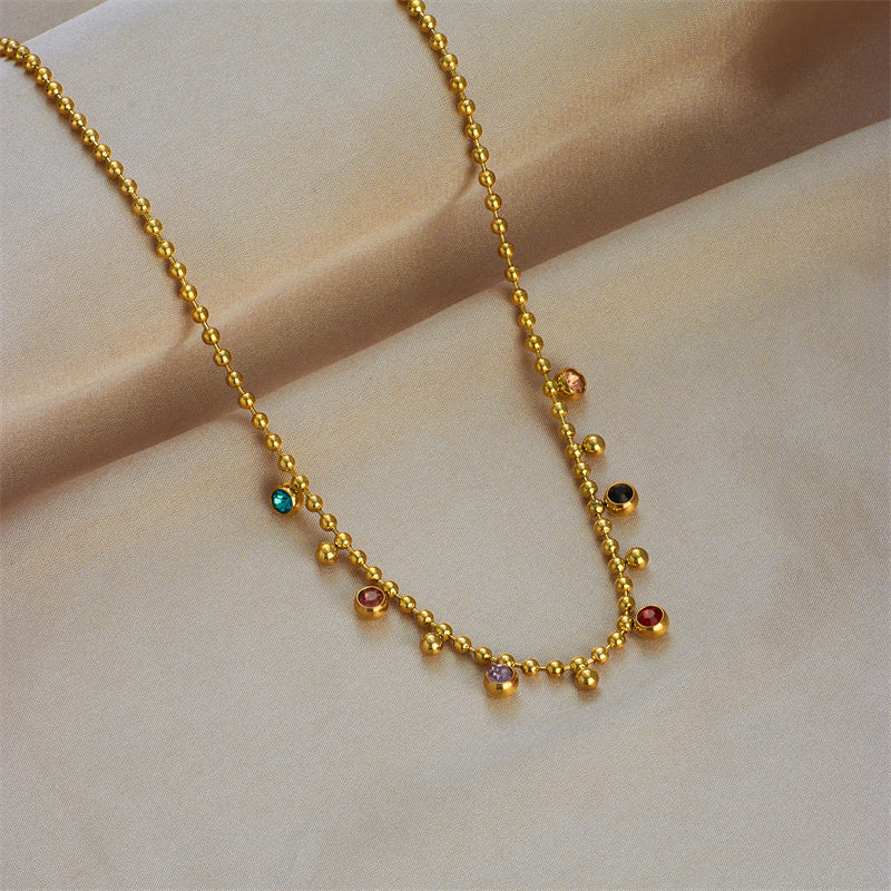 Simple Vintage Rhinestone Round Bead Pendant Gold Plated Titanium Steel Necklace Valentine's Day Girlfriend Gift