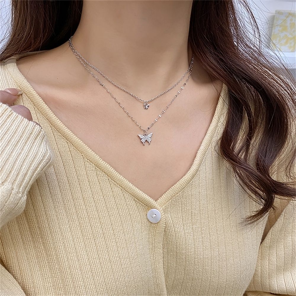 Shiny Butterfly Necklace Ladies Exquisite Double Layer Clavicle Chain Necklace Jewelry For Ladies Gift