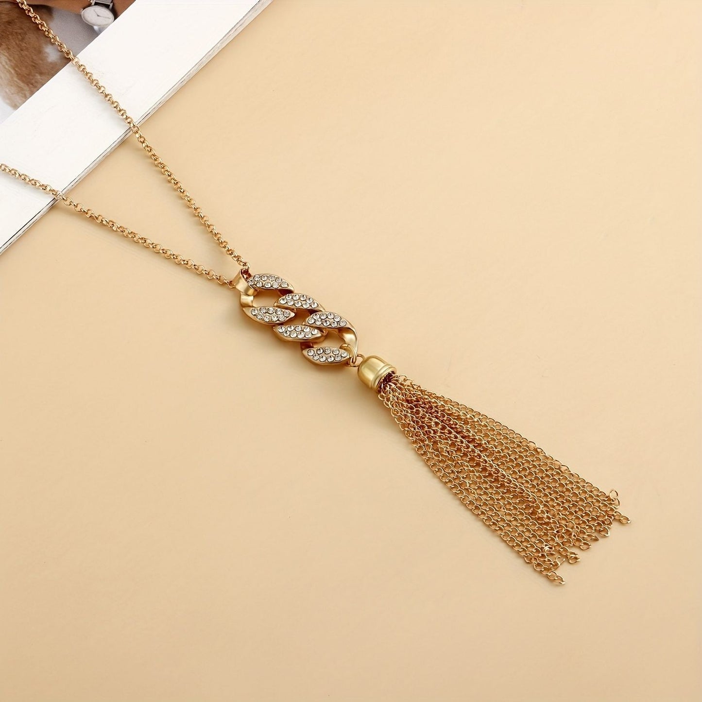 1pc Fashion Simple Tassel Inlaid Faux Diamond 8-shaped Chain Necklace