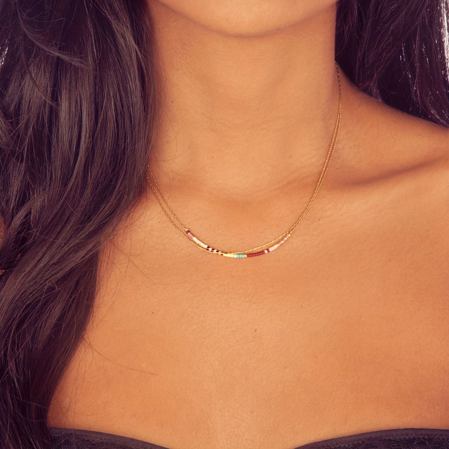 Boho Style Mixed Color Crystal Beaded Multilayer Women's Necklace Copper 14K Gold Plate Hypoallergenic Collar For Girls Jewelry Gift Neck Chain