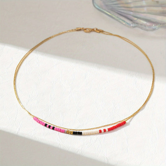 Boho Style Mixed Color Crystal Beaded Multilayer Women's Necklace Copper 14K Gold Plate Hypoallergenic Collar For Girls Jewelry Gift Neck Chain