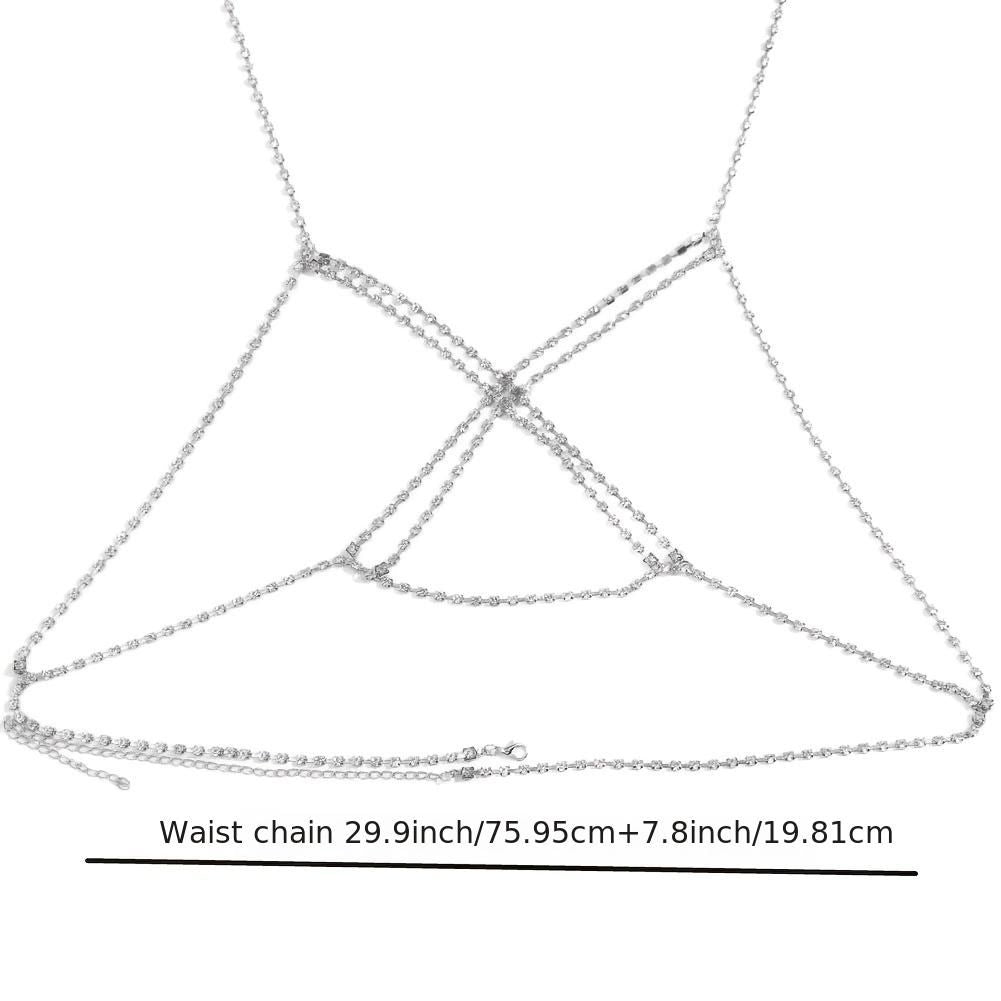 Sexy Body Chain Necklace Bohemian Beach Choker Necklace Multilayer Rhinestone Layered Cross Bikini Bra Body Chain Necklace For Women