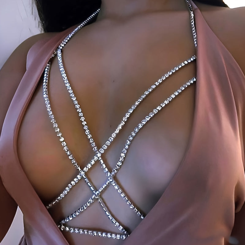 Sexy Body Chain Necklace Bohemian Beach Choker Necklace Multilayer Rhinestone Layered Cross Bikini Bra Body Chain Necklace For Women