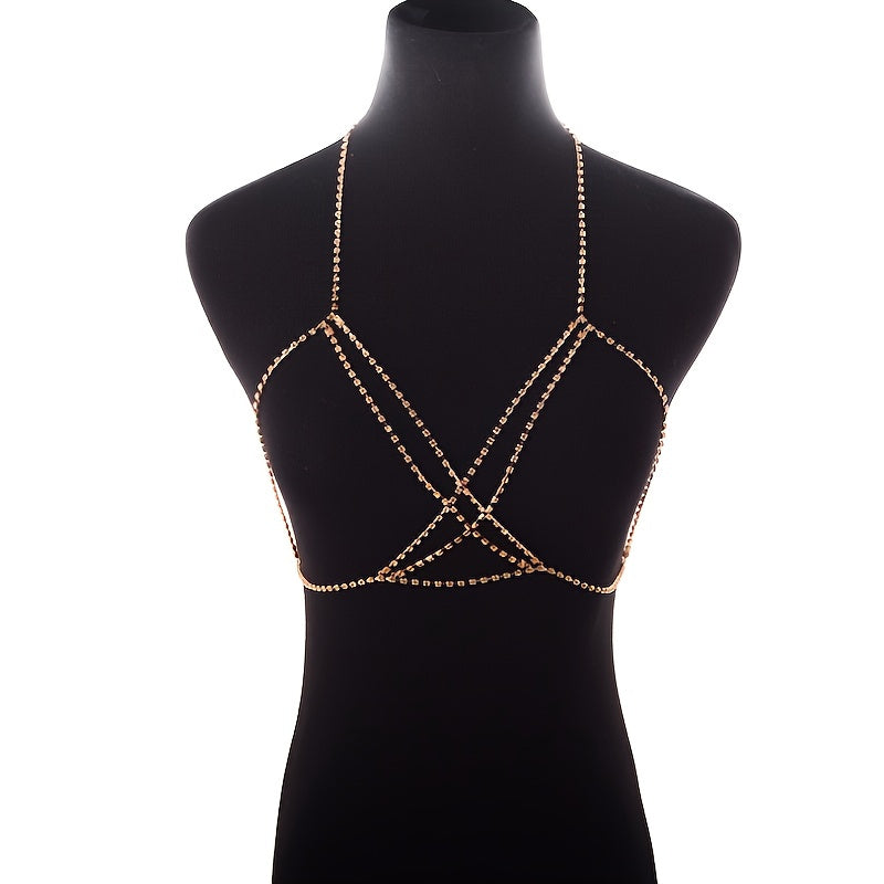 Sexy Body Chain Necklace Bohemian Beach Choker Necklace Multilayer Rhinestone Layered Cross Bikini Bra Body Chain Necklace For Women