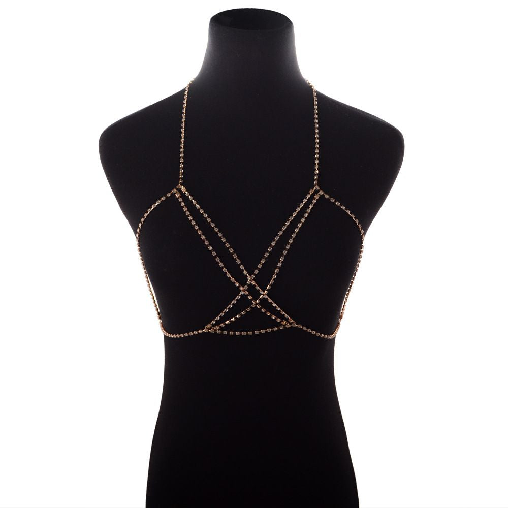 Sexy Body Chain Necklace Bohemian Beach Choker Necklace Multilayer Rhinestone Layered Cross Bikini Bra Body Chain Necklace For Women
