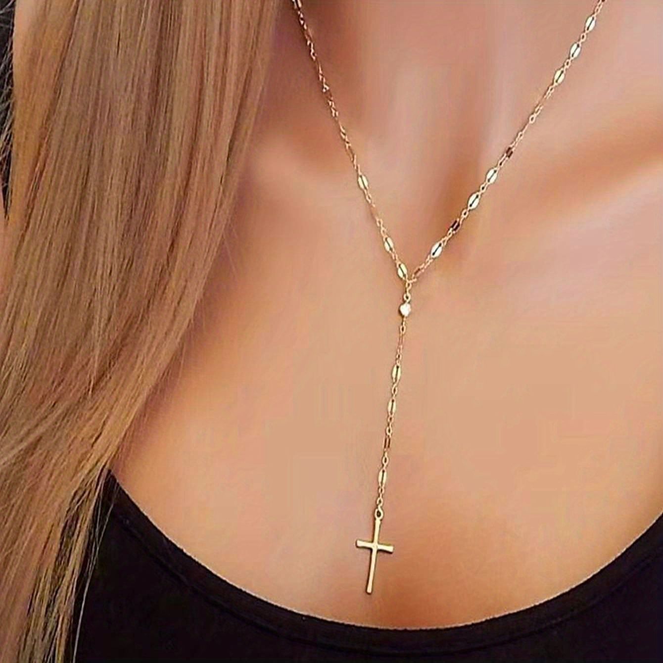 Stylish Y-Shaped Cross Pendant Necklace 18K Gold Plated Jewelry For Women