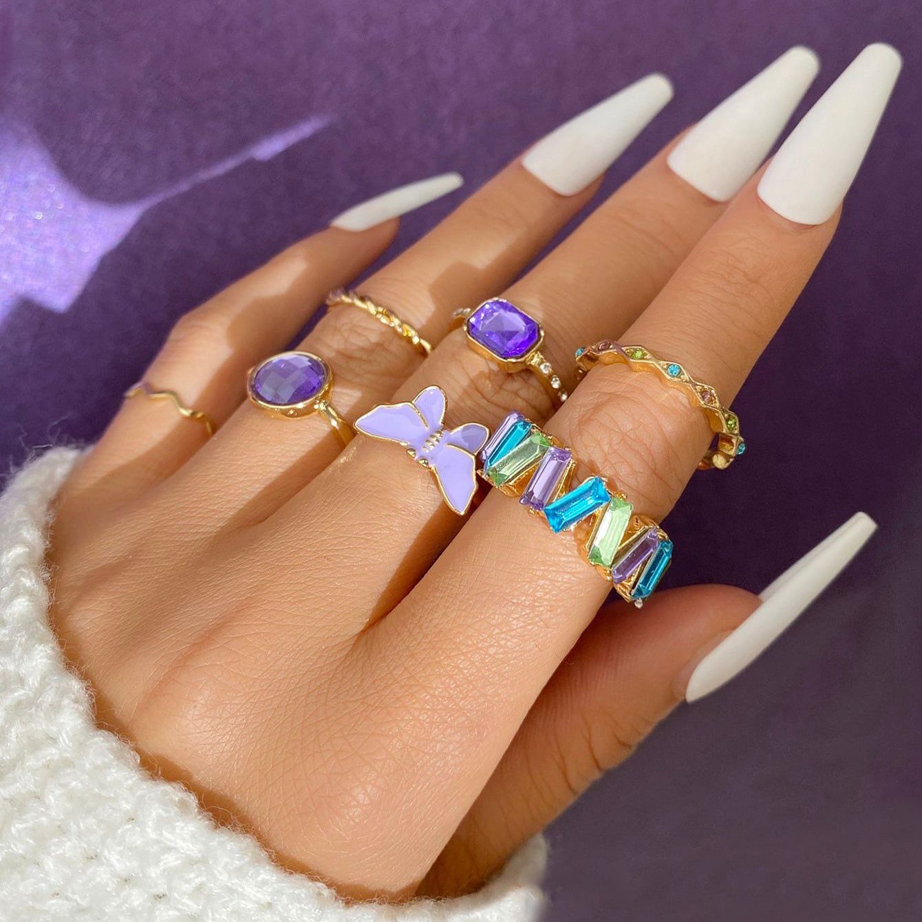 Personalized Fashion Light Purple Diamond Ring Set