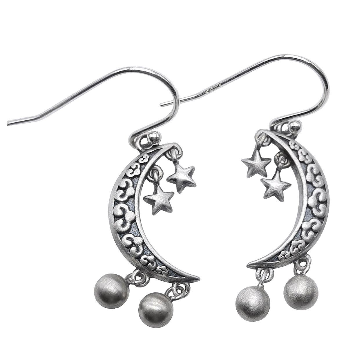 S925 Silver Retro Fashion Artistic Temperament Silver Bead Fringe Earrings Star Crescent Pendant
