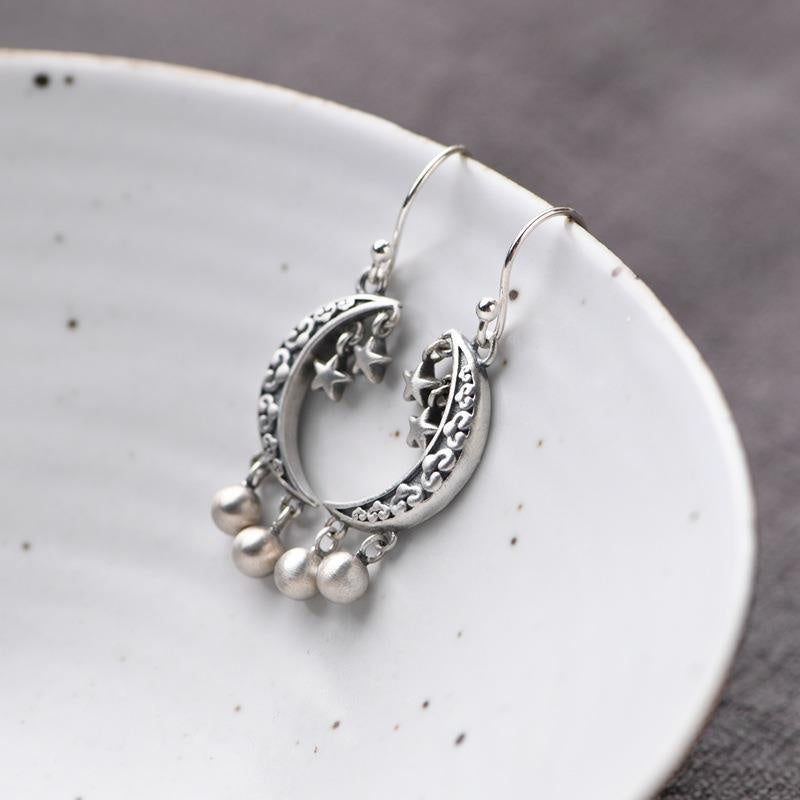 S925 Silver Retro Fashion Artistic Temperament Silver Bead Fringe Earrings Star Crescent Pendant