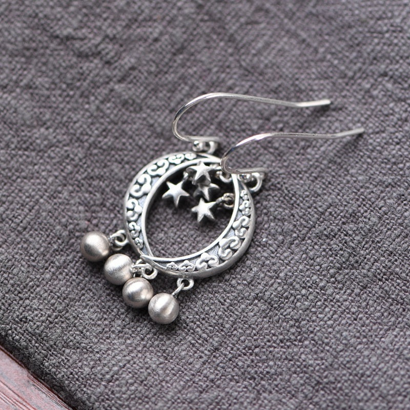 S925 Silver Retro Fashion Artistic Temperament Silver Bead Fringe Earrings Star Crescent Pendant