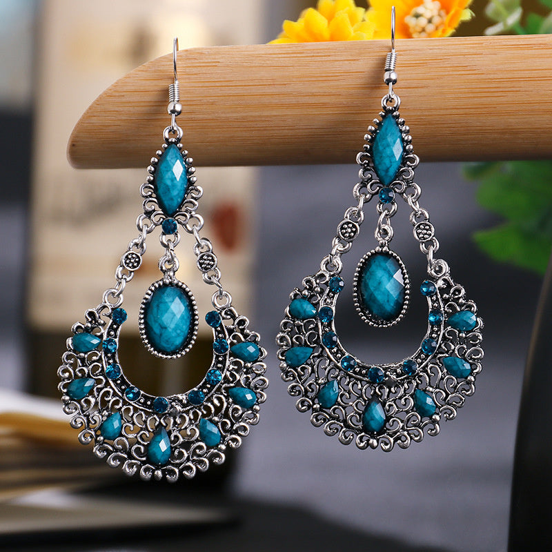 Water Droplets, Black Large Fan-shaped Rhinestone Earrings