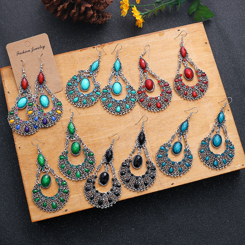 Water Droplets, Black Large Fan-shaped Rhinestone Earrings